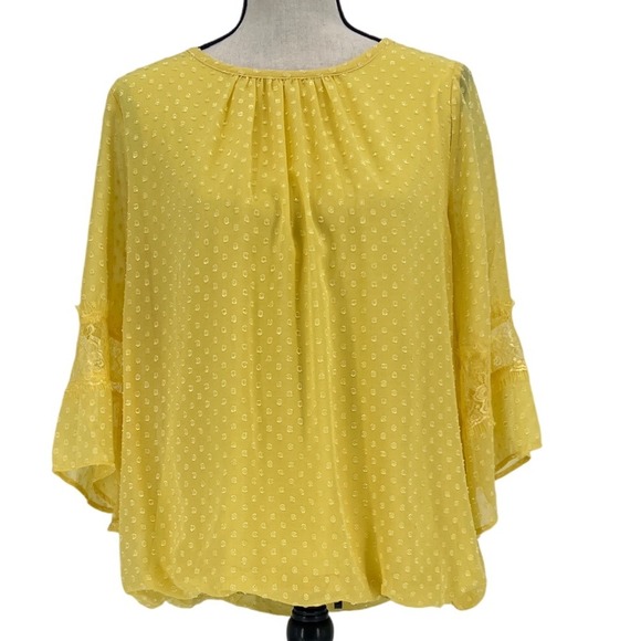 Rue Juju Blouse‎ L Swiss Dot Bell Sleeve Yellow Lace Cottagecore Fairy Romantic - Picture 1 of 6